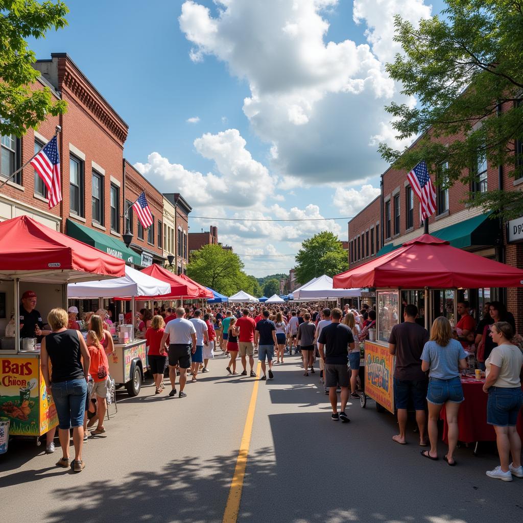 A bustling food festival in Lawrenceburg, TN, with food trucks and crowds enjoying the atmosphere