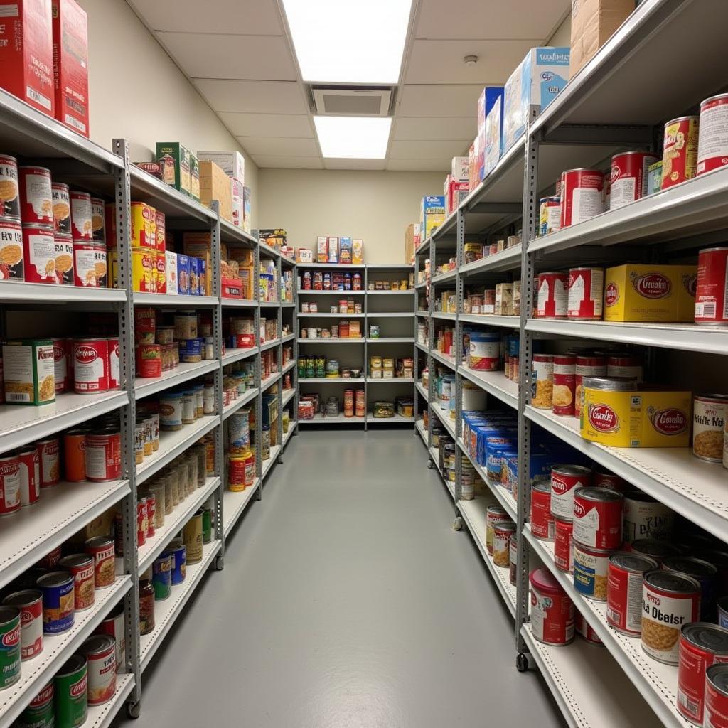 Shelves stocked with donated food items inside a Lawrenceville food pantry