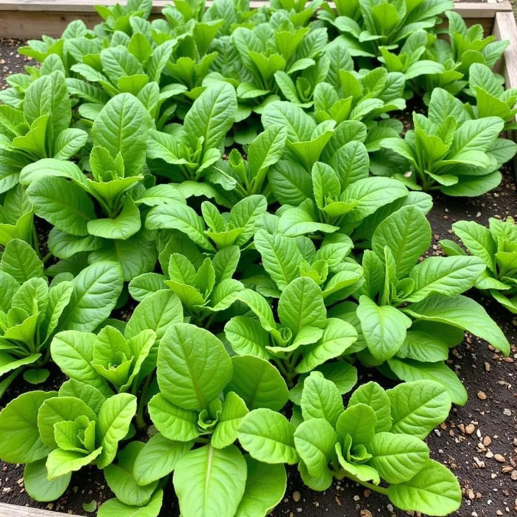 A variety of fresh leafy greens flourishing in a raised garden bed