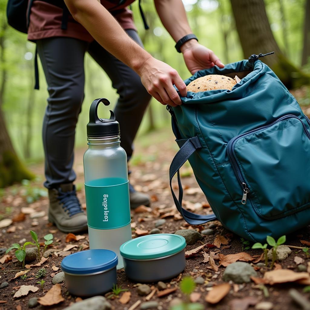 A hiker packing out trash after a meal in the wilderness.