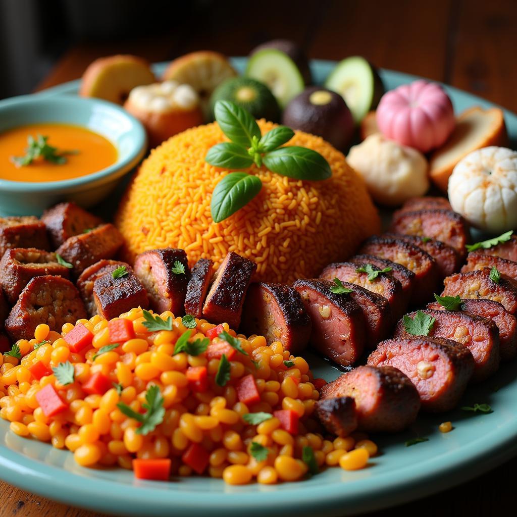 Grilled kebabs served with rice and a selection of Lebanese desserts, including baklava