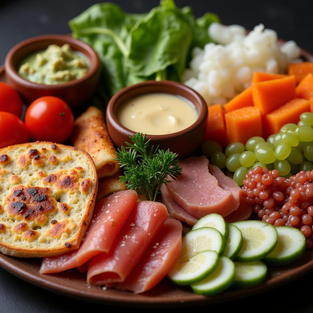 A colorful mezze platter with hummus, baba ghanoush, tabbouleh, and pita bread at the Lebanese Food Festival