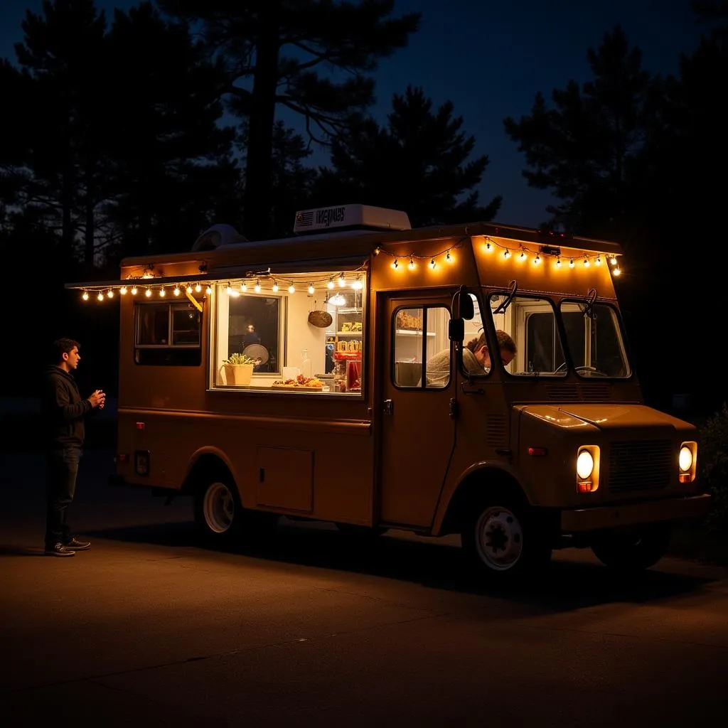 Food truck illuminated with LED lights at night