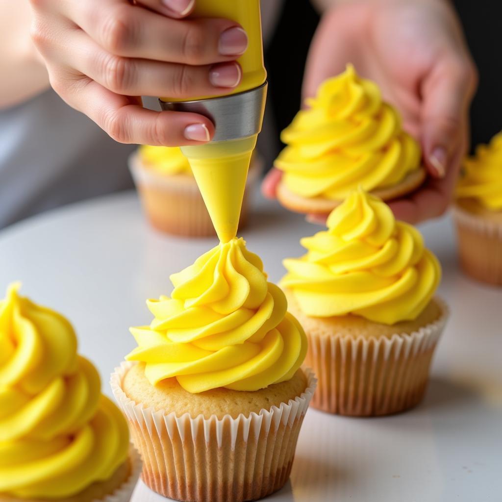 Piping Lemon Yellow Frosting on Cupcakes