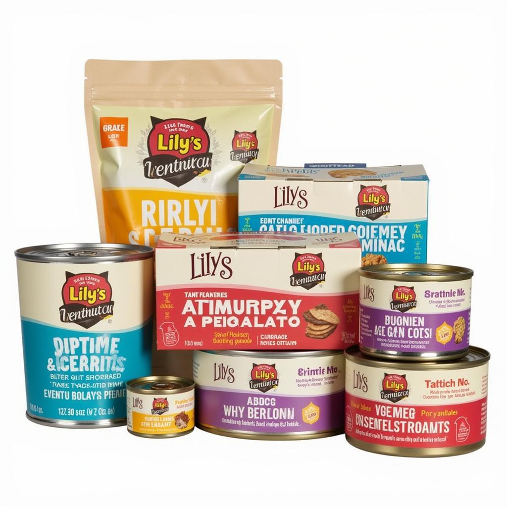 A variety of Lily's Cat Food cans and pouches.