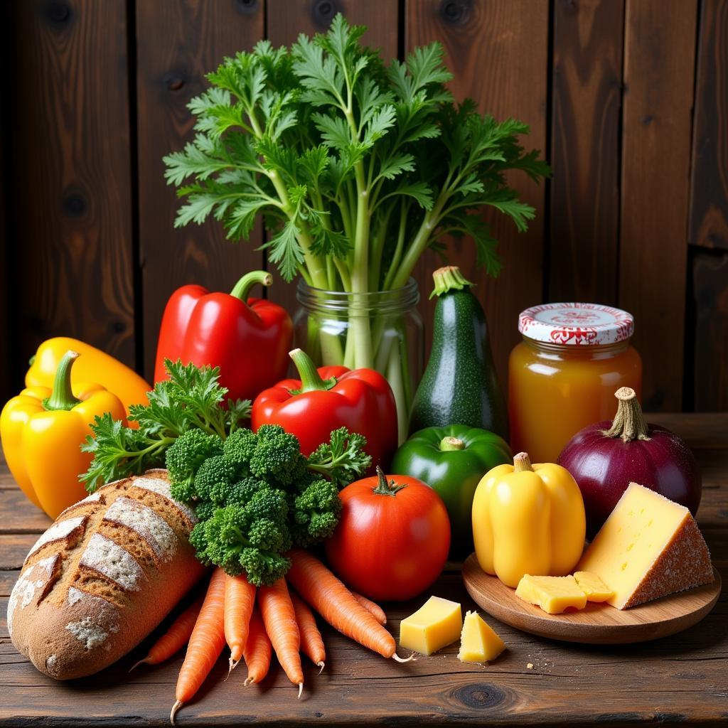 Wooden table displaying a variety of linden food basket contents