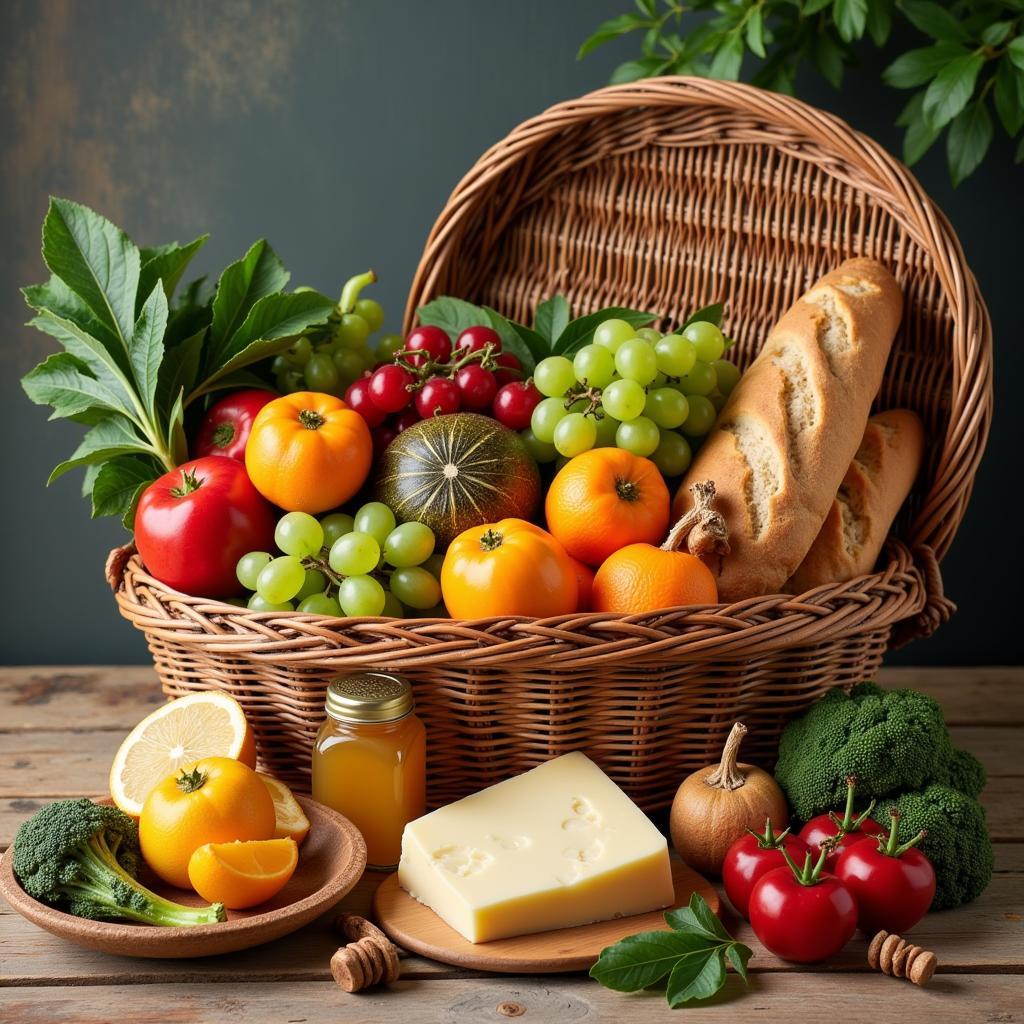 Assortment of fresh produce in a linden food basket