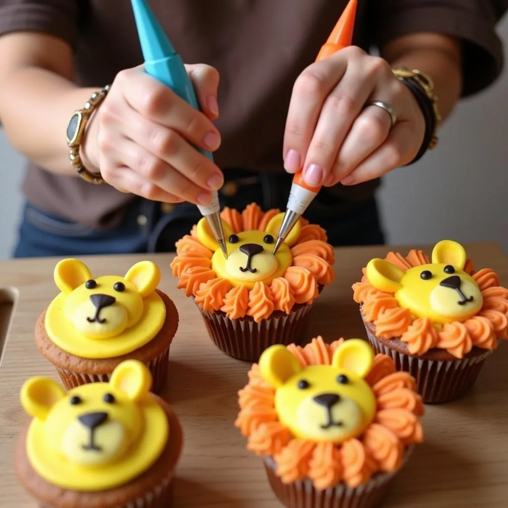 Decorating lion face cupcakes