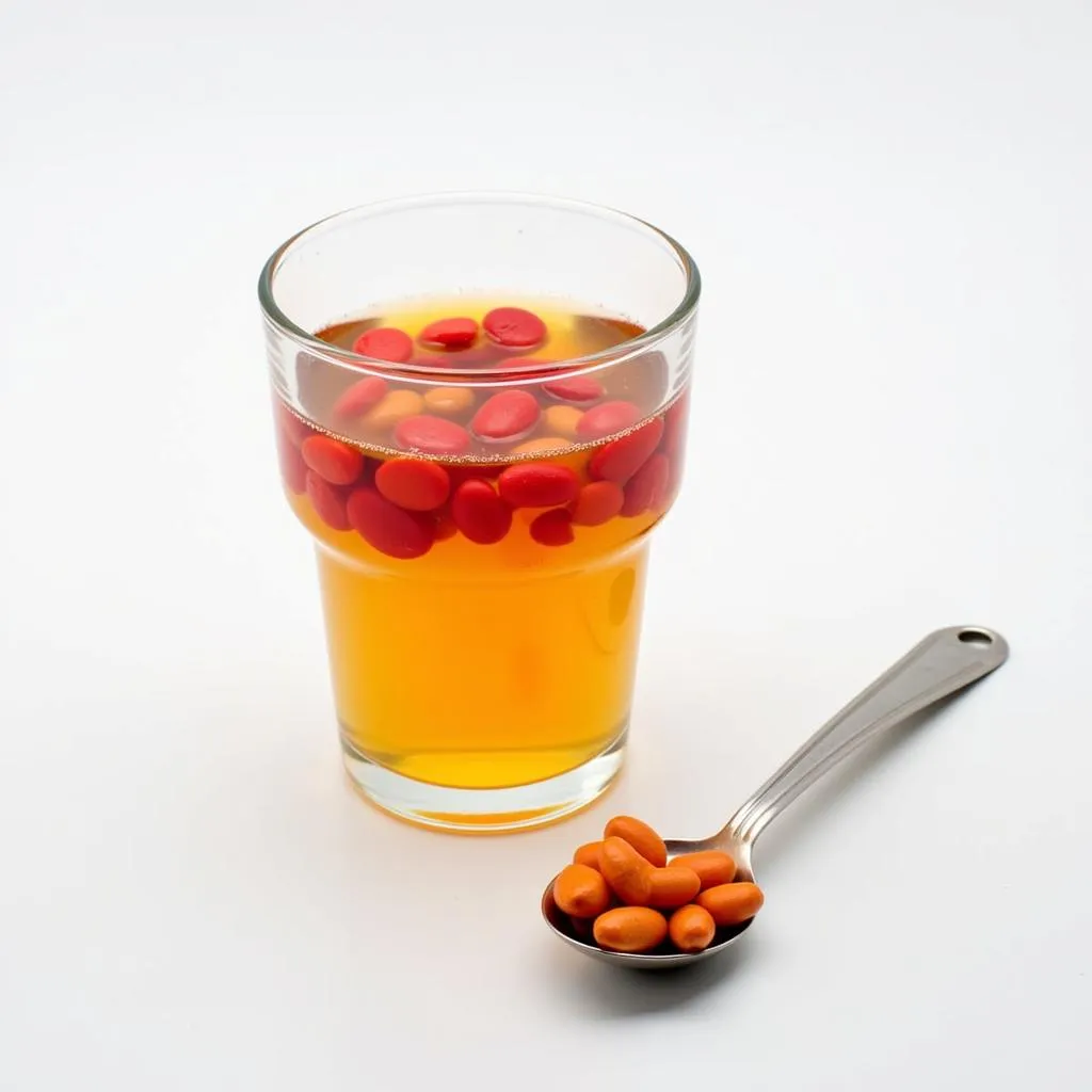 A glass of liquid whole food multivitamin with a measuring spoon