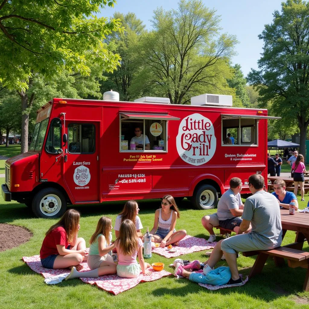 Little Lady Grill food truck parked at a park, surrounded by people enjoying their meals.