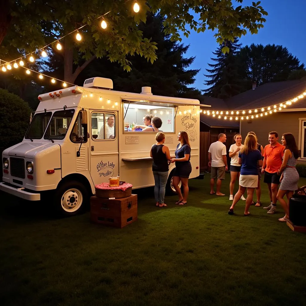 The Little Lady Grill food truck is parked in front of a festively decorated backyard during a private event.