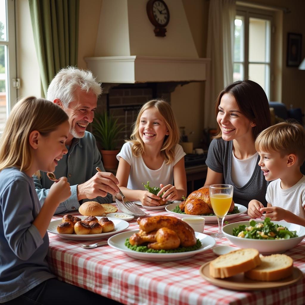 A family gathered around a table enjoying a simple meal together