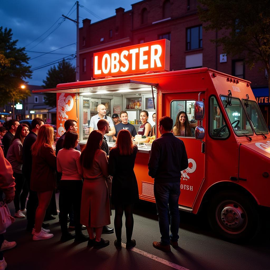 Customers lined up at a lobster food truck