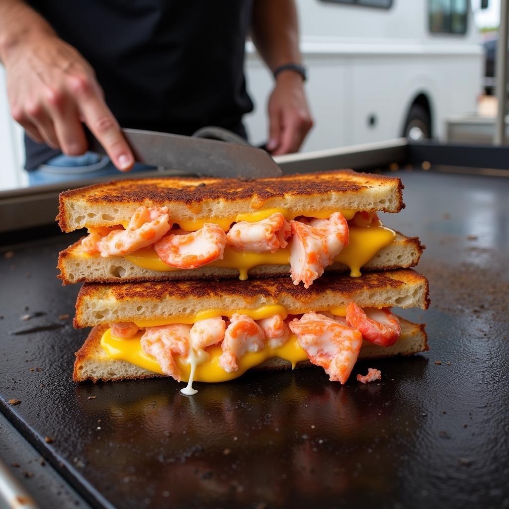 Lobster grilled cheese sandwich on a food truck griddle