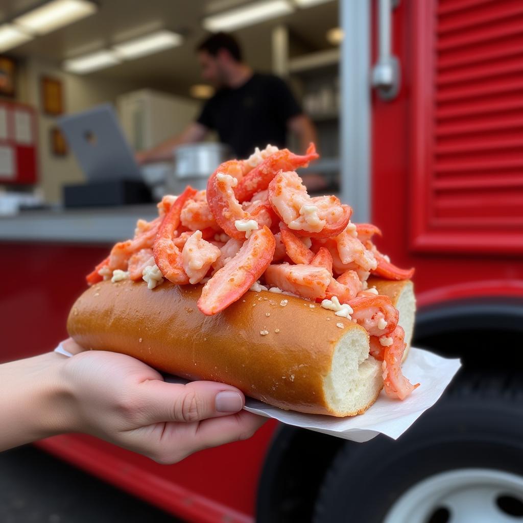 Lobster roll being served from a food truck window