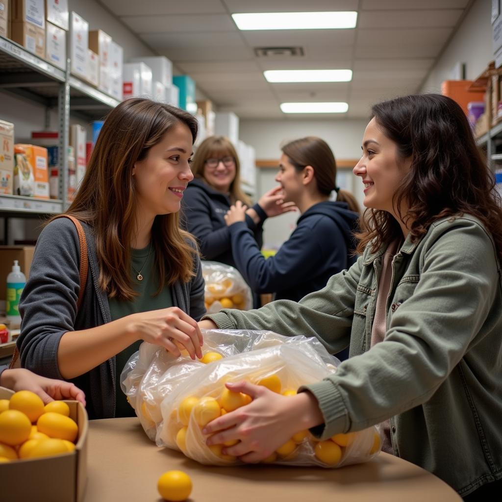 Residents of London, Ohio, receiving bags of groceries from a food pantry.