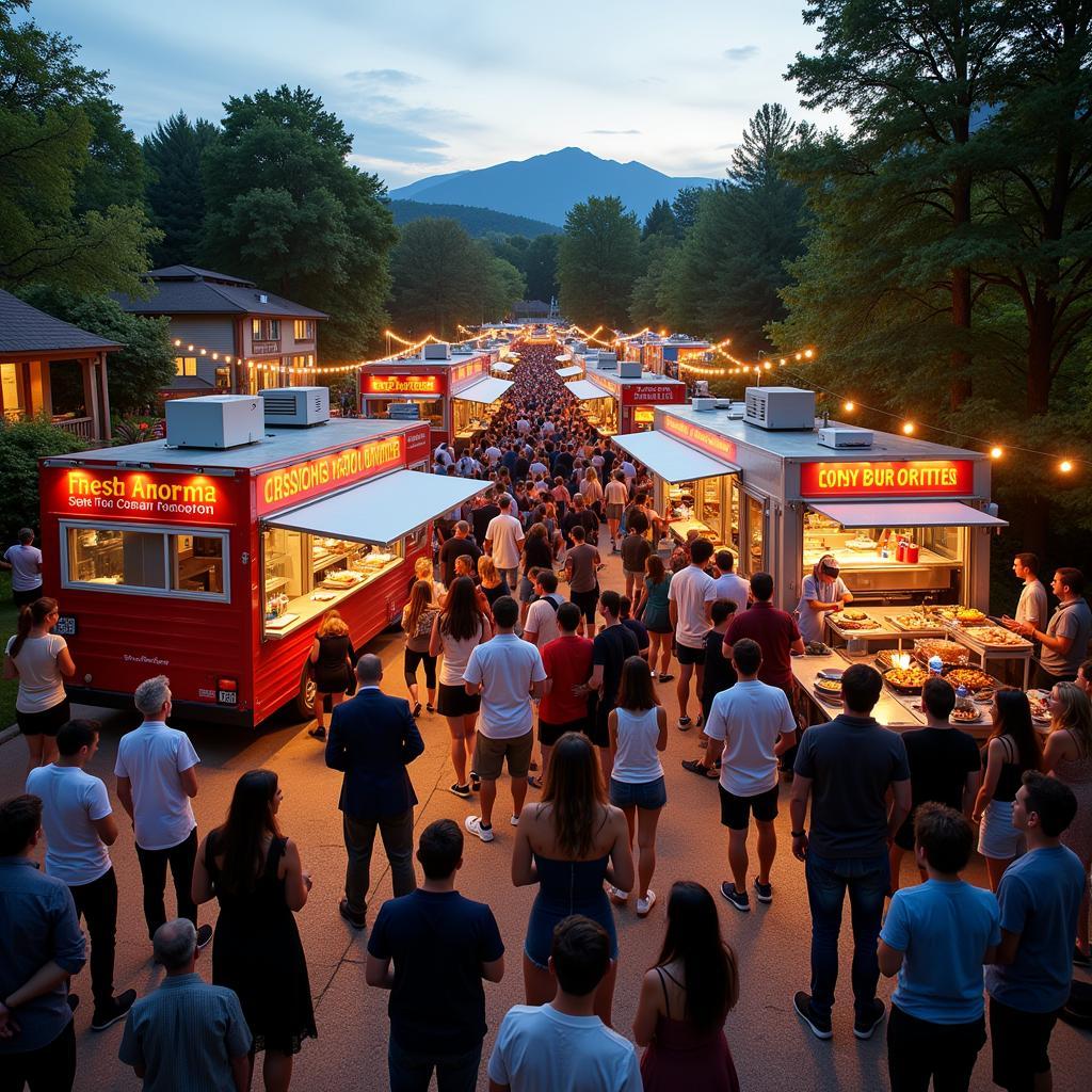 Food trucks lined up at a vibrant outdoor party