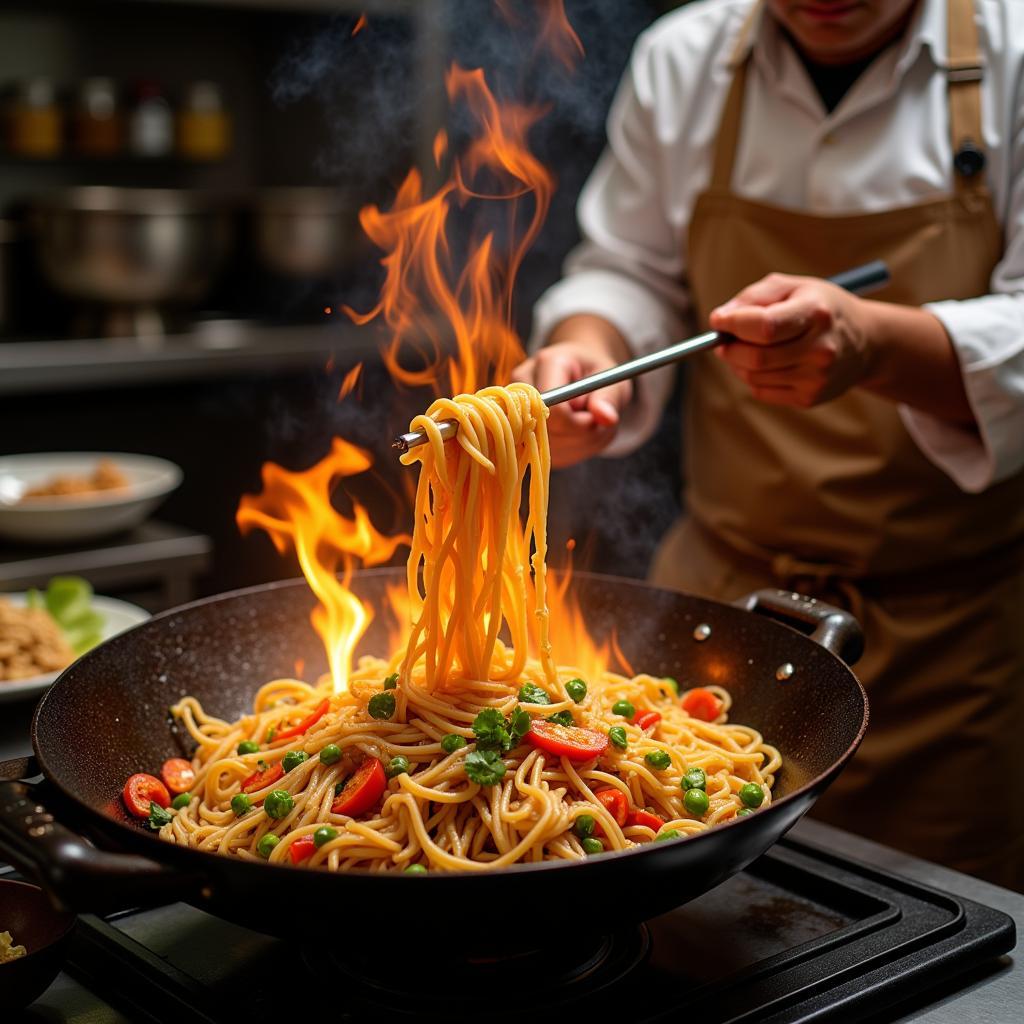 Skilled chef preparing Chow Mein in a Long Wong kitchen