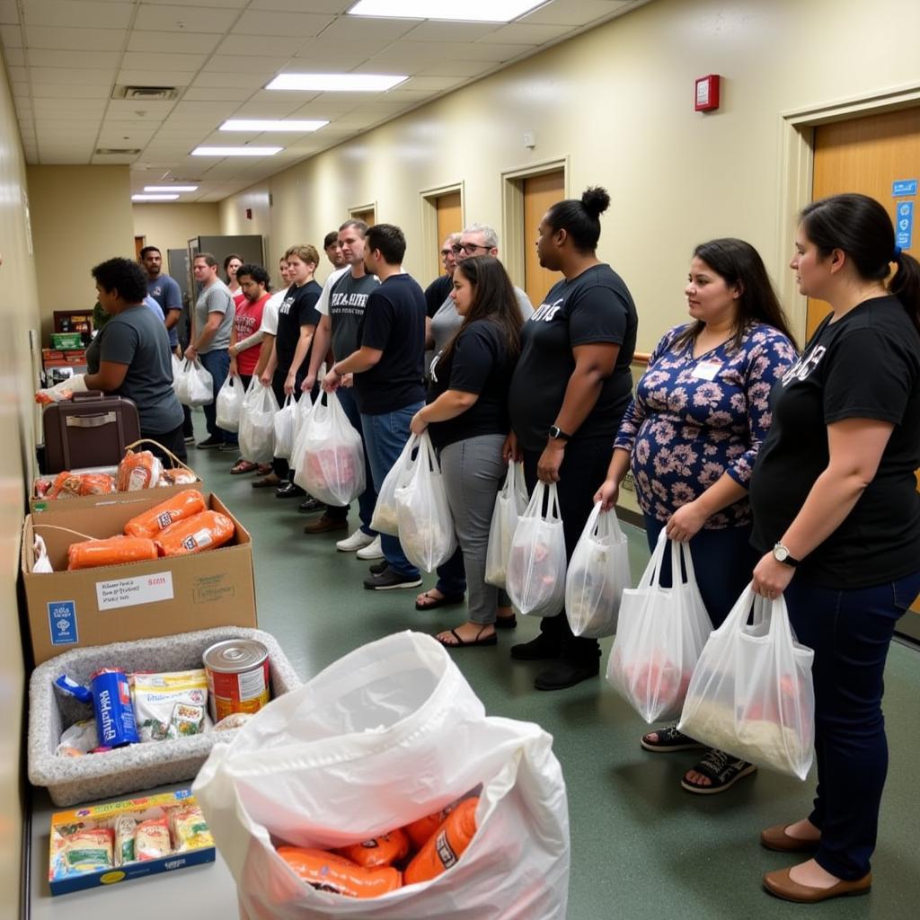 Families receiving food assistance at the Love Chapel Food Pantry distribution day.