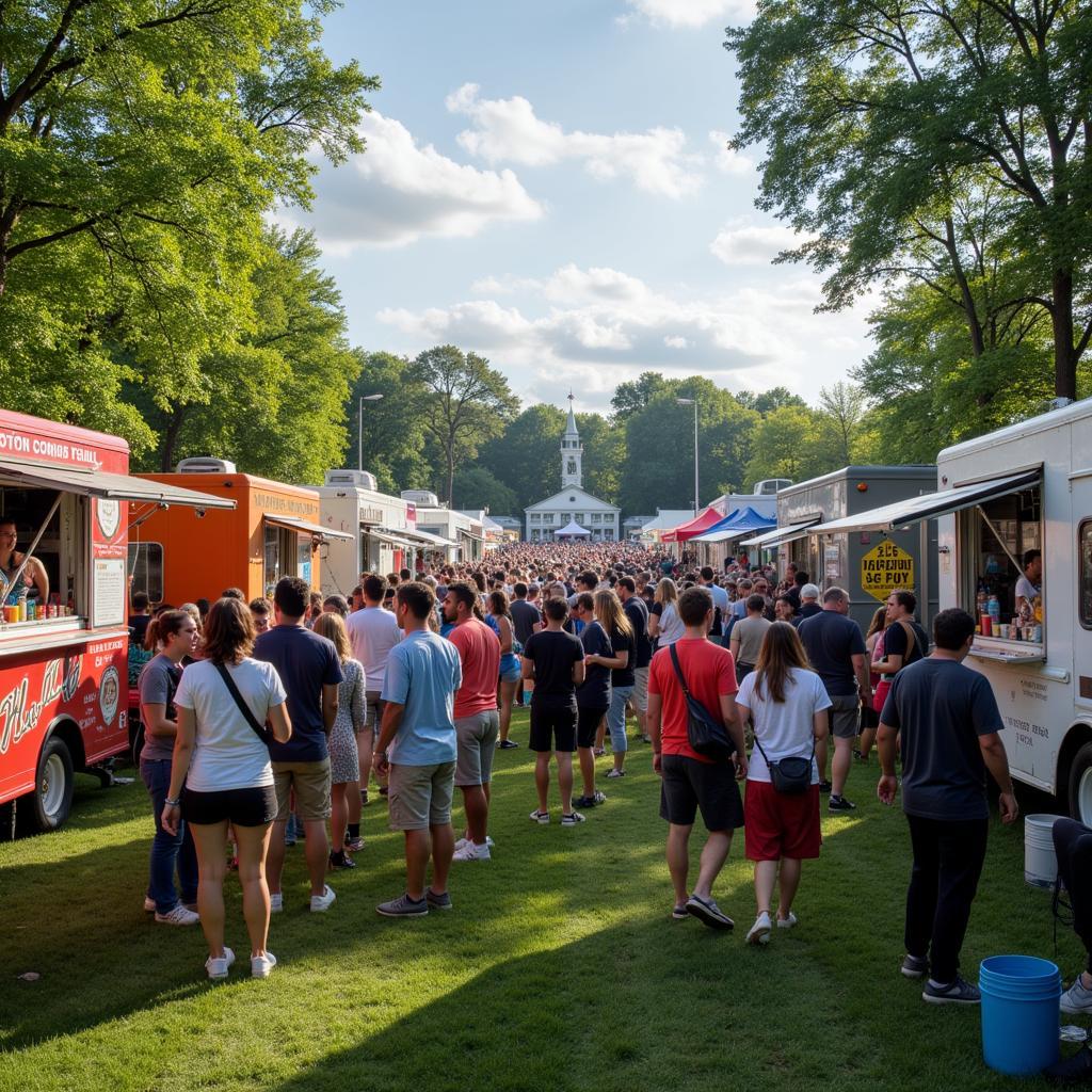 A large crowd of people gathered in a park, enjoying food and drinks from various food trucks