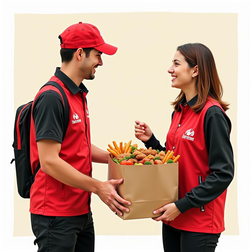 A Lucky Express delivery driver hands a bag of food to a smiling customer.