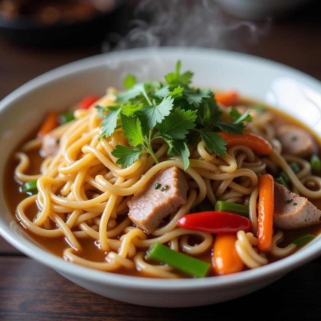 A close-up of a steaming bowl of Lucky Express Chinese noodles.