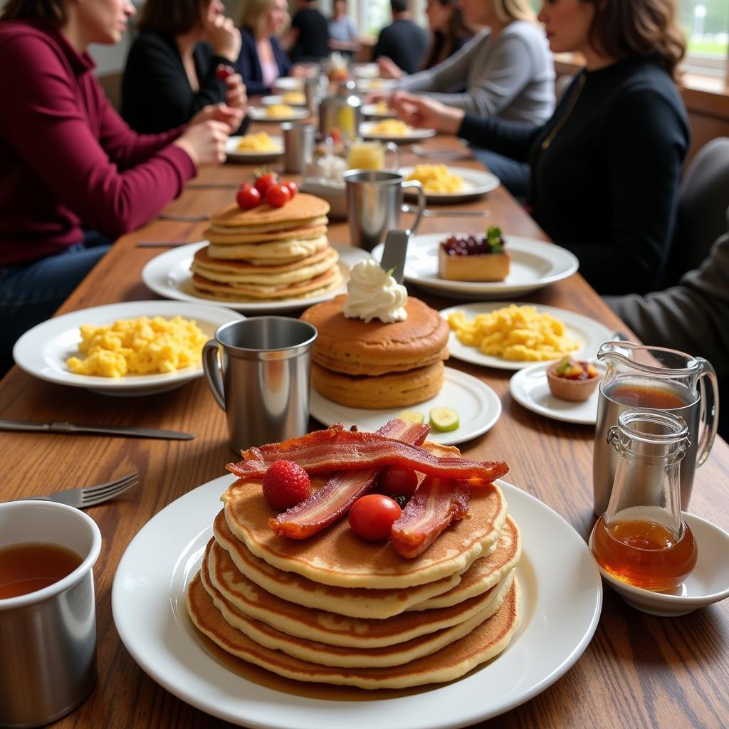 Lumberjack breakfast spread with pancakes, bacon, and eggs