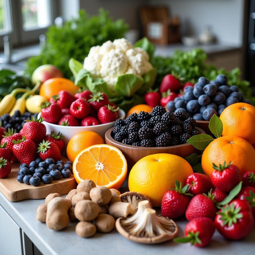 A colorful spread of lutein-free fruits and vegetables.