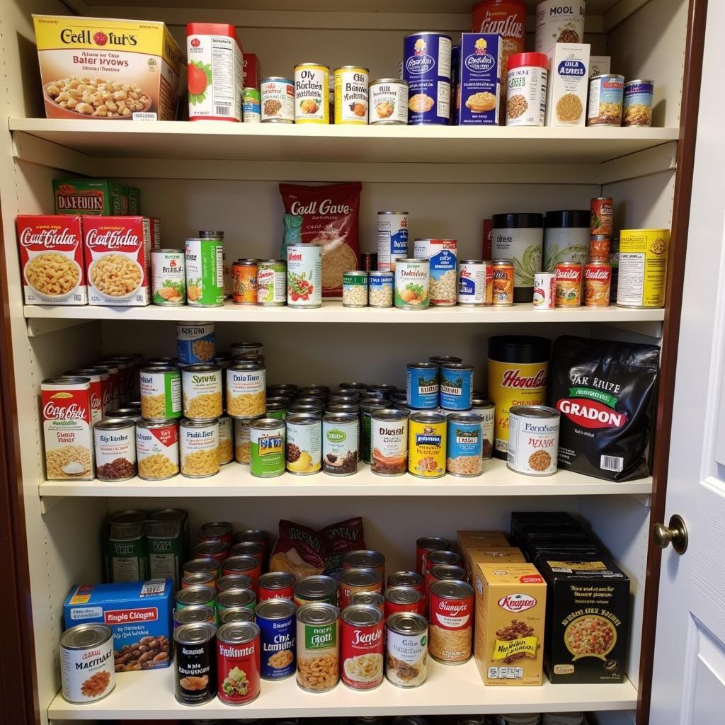 Boxes of donated food items stacked neatly inside a Lutheran Church food bank.