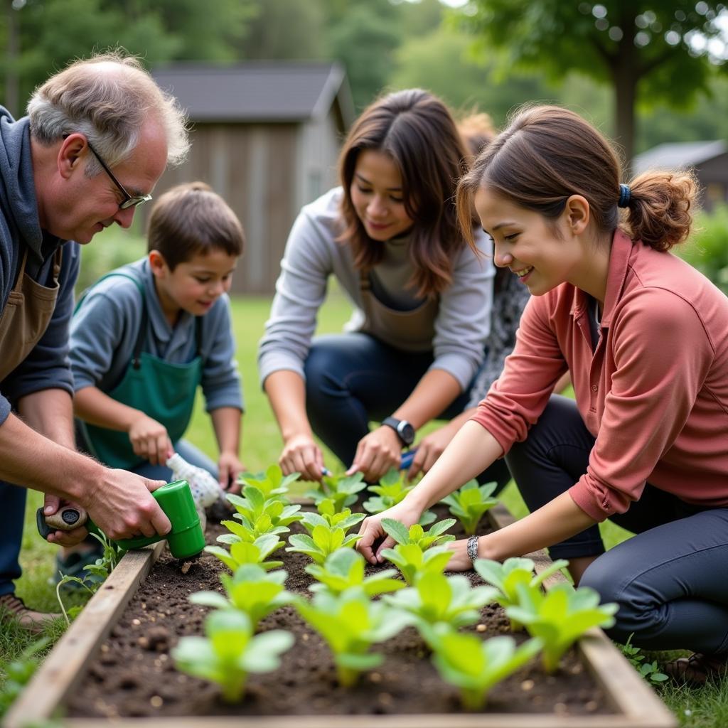 Community members volunteering in a Madison food pantry garden