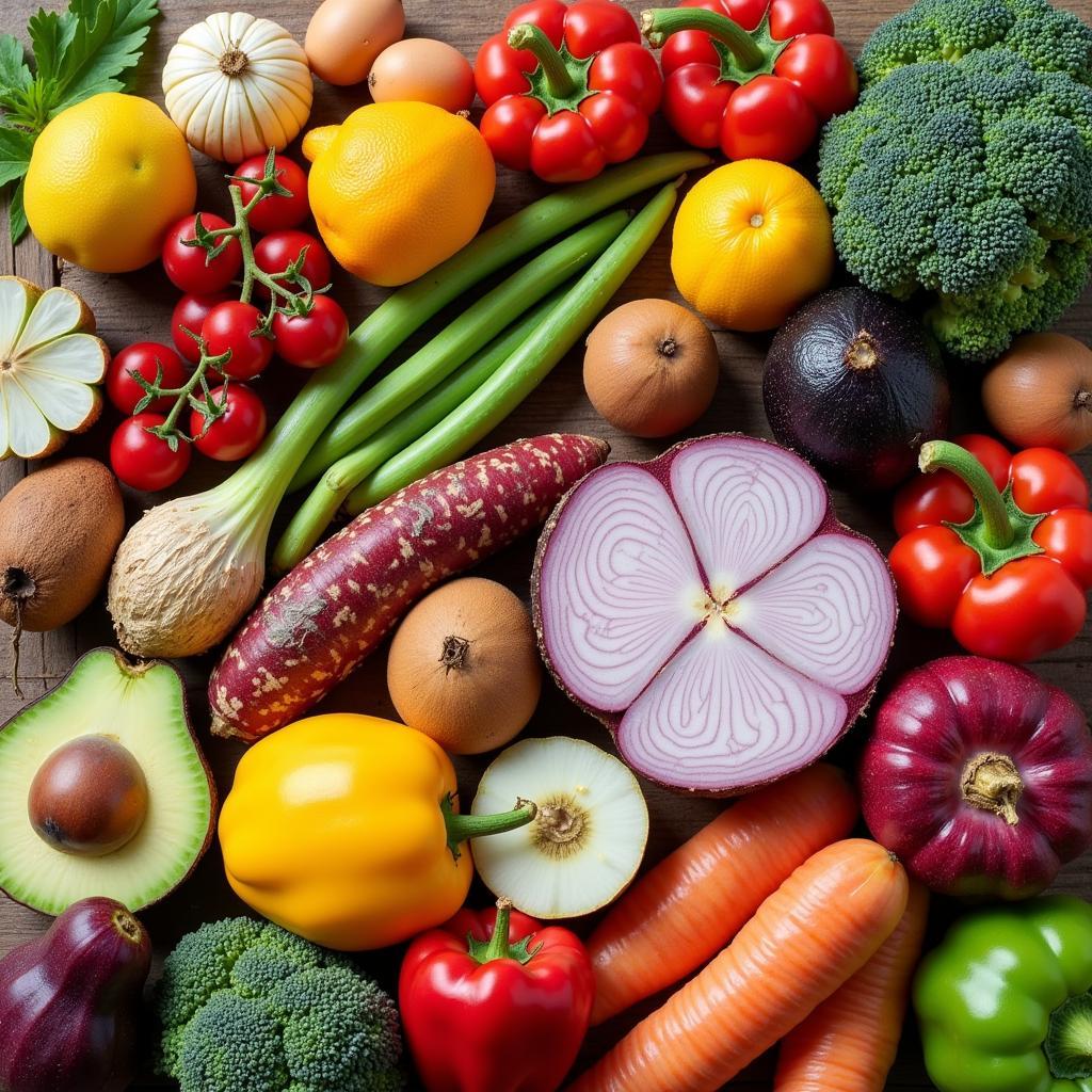 A variety of colorful fruits, vegetables, nuts, and seeds.