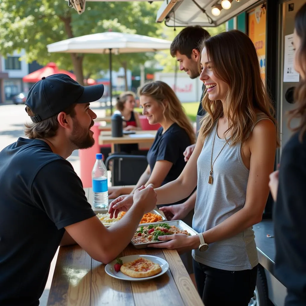 A food truck vendor interacting with customers