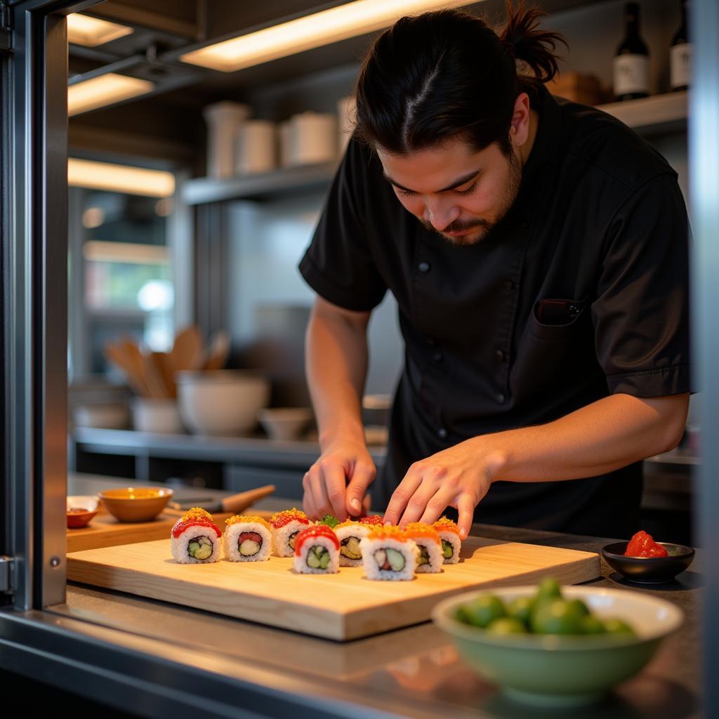 Skilled Maki Chef Preparing a Roll Inside a Food Truck