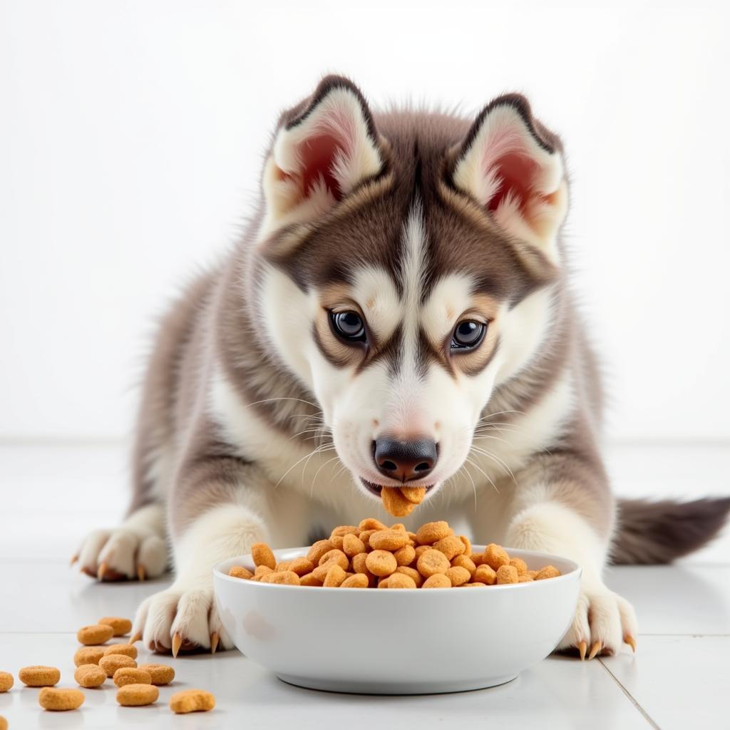 A Malamute puppy enjoying kibble