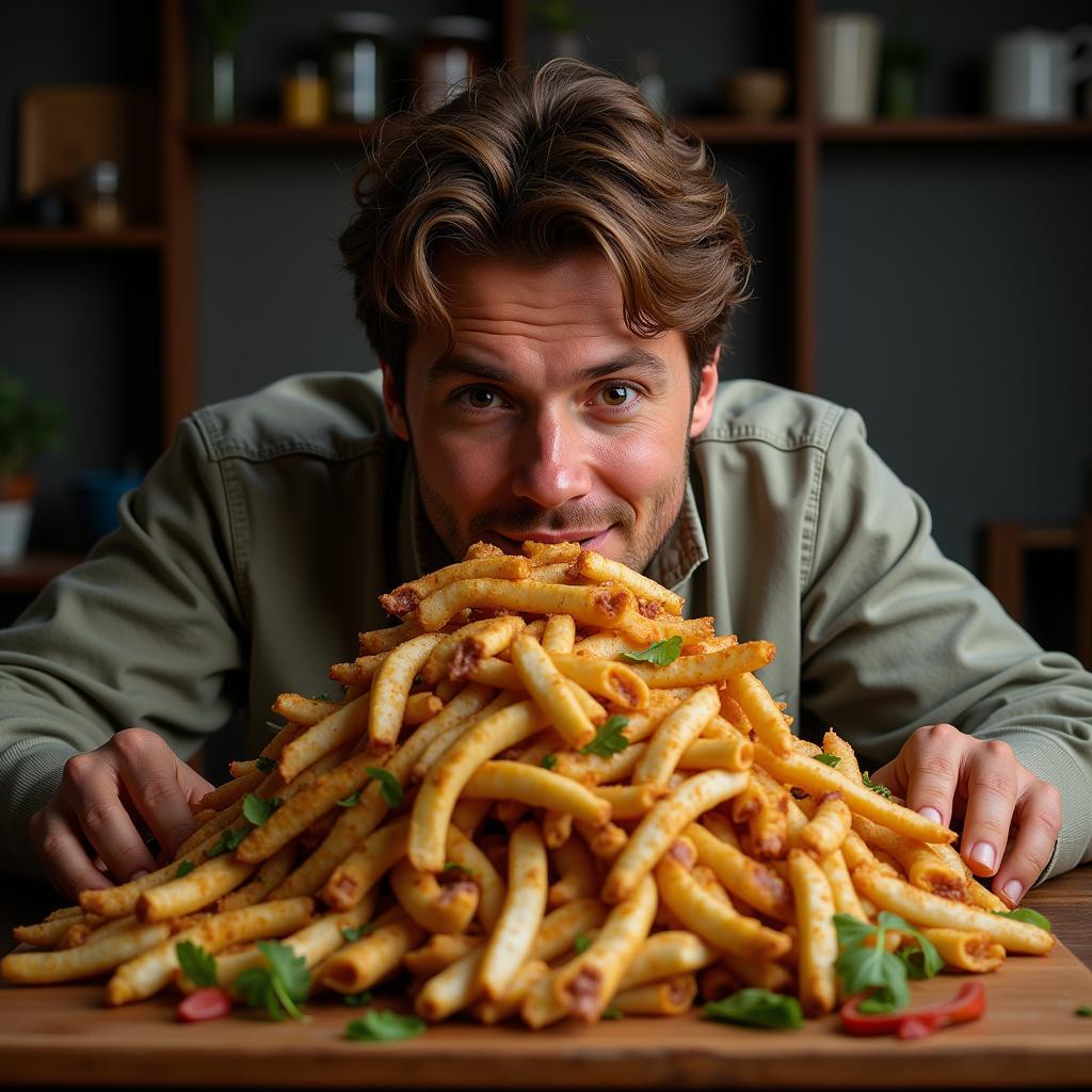 A man focused on conquering a large plate of food