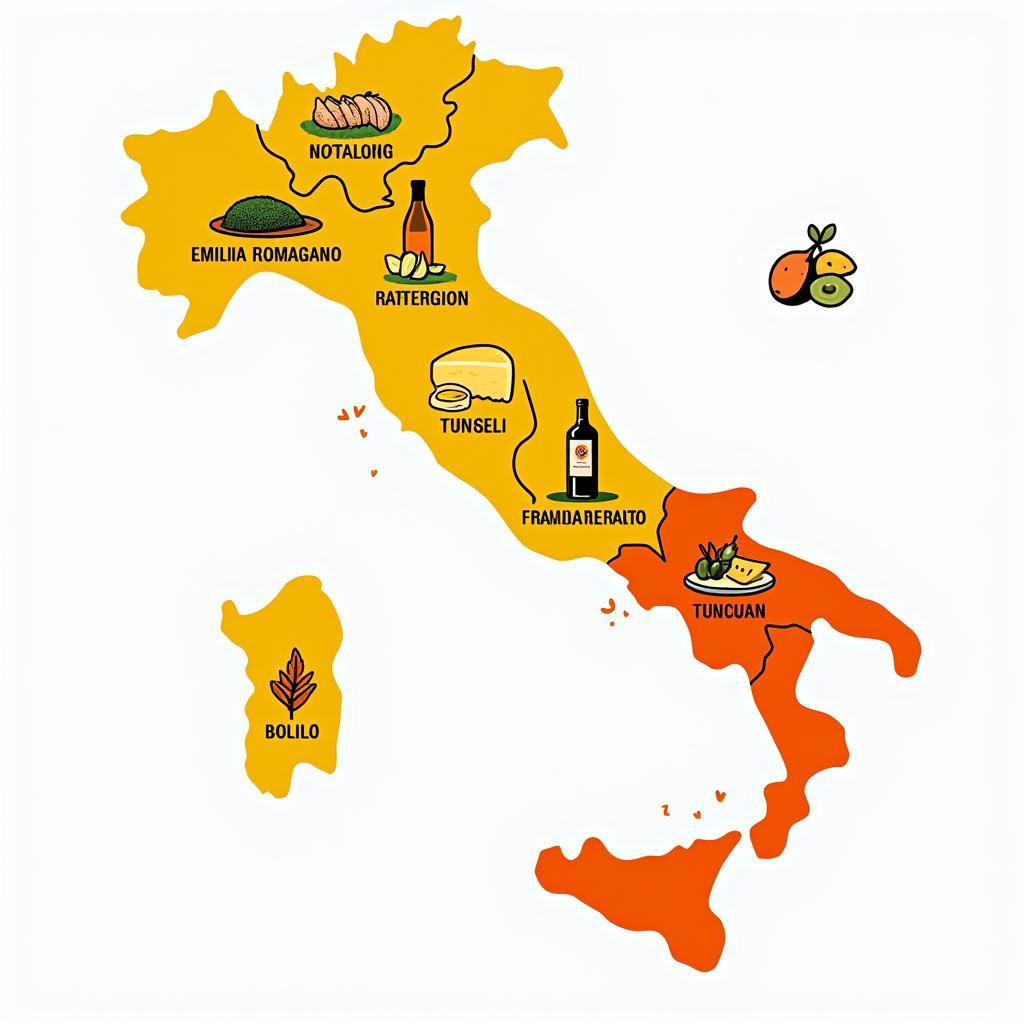 Map of Italy with Highlighted Regions Renowned for Certified Food Products