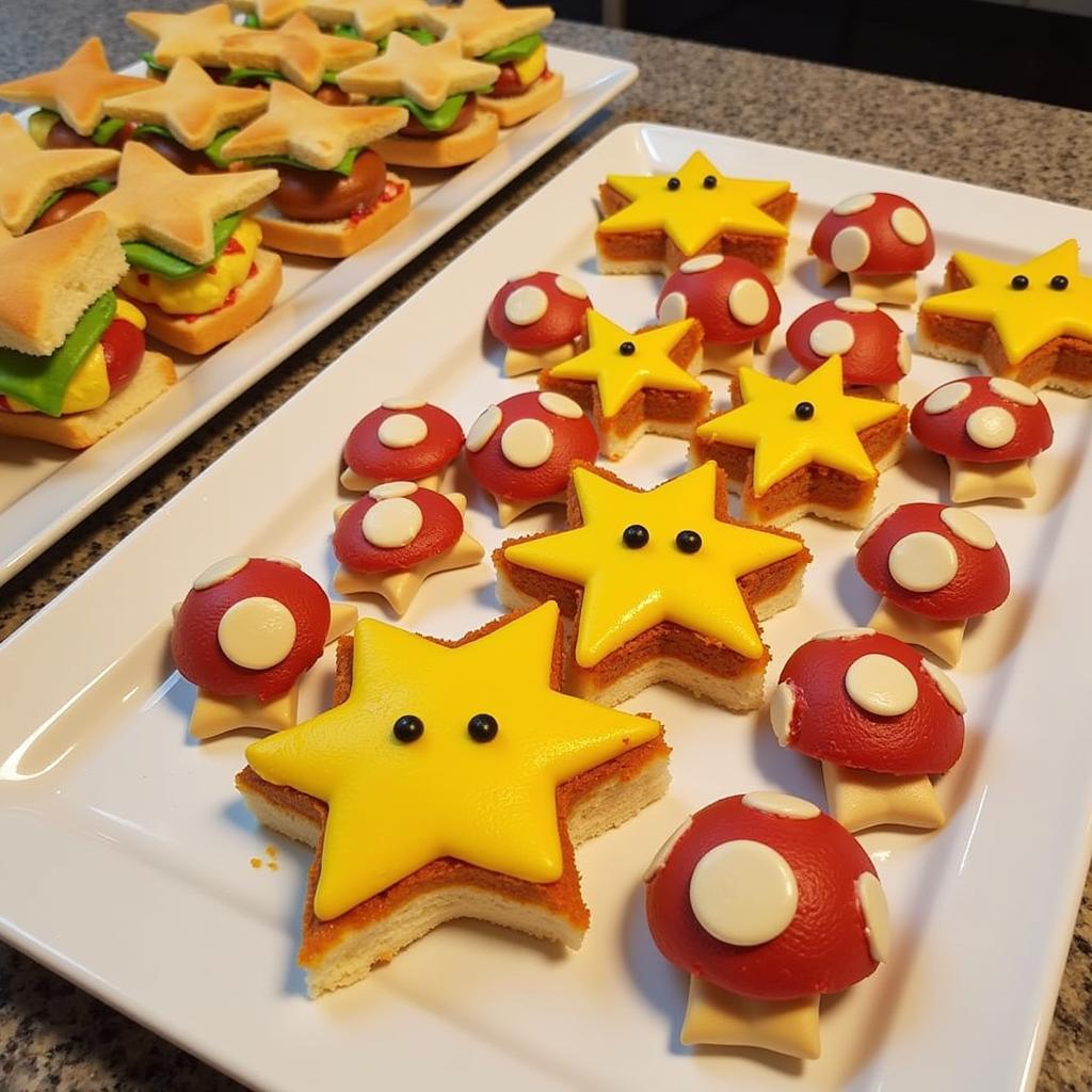 Mario Party themed sandwiches and pizzas decorated like Super Stars and 1-Up mushrooms