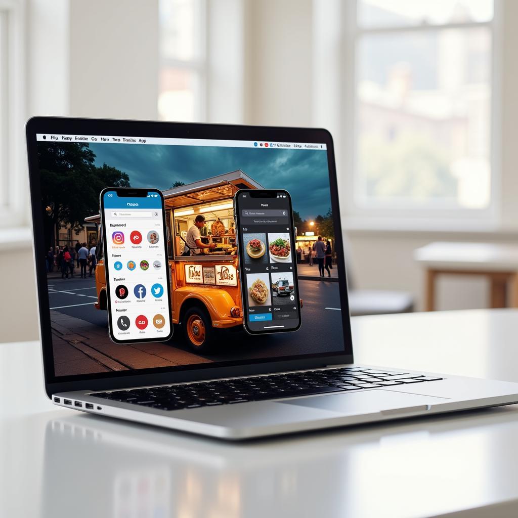  A laptop displaying various social media platforms and online food delivery apps. 