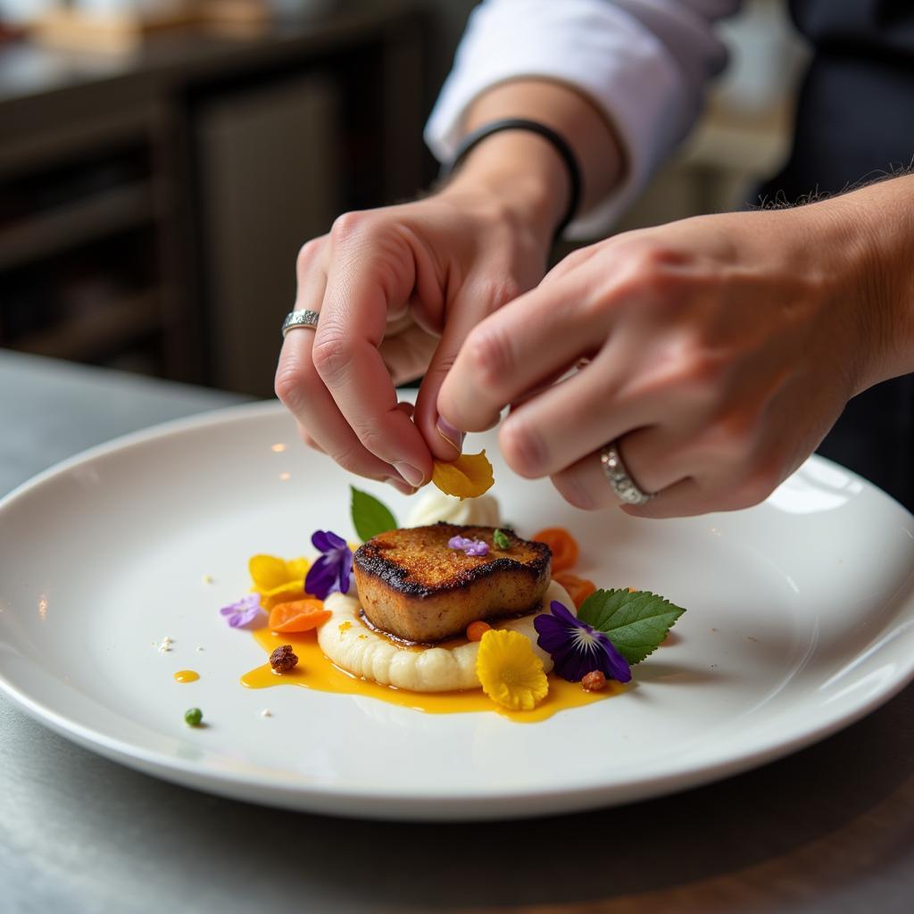 A chef meticulously adding finishing touches to a dish