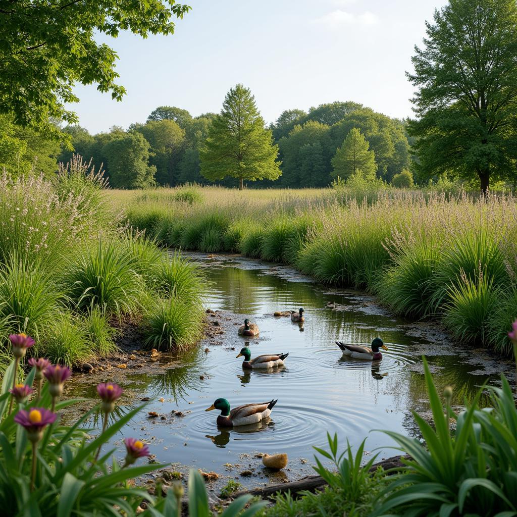 A thriving duck food plot filled with a variety of plants and visited by a flock of ducks.