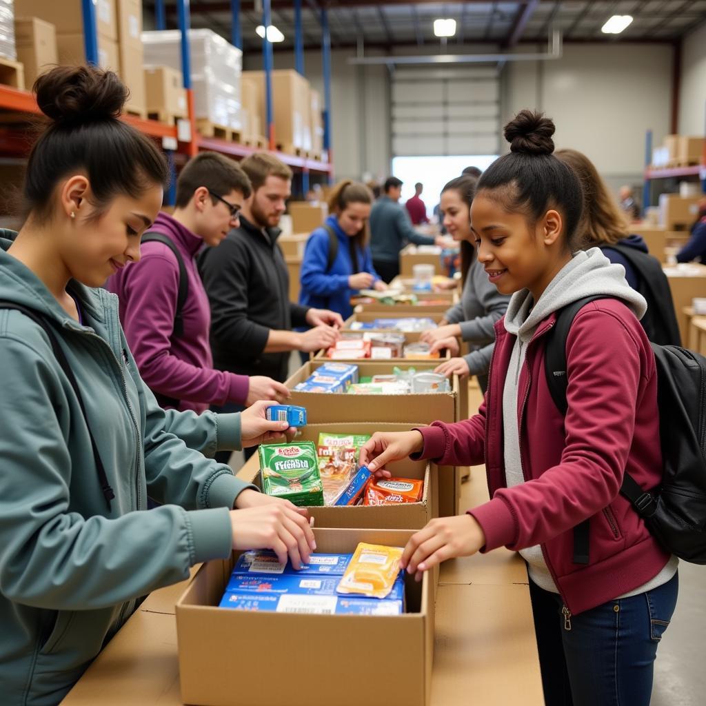 Volunteers packing food boxes for Mayflower Food Drive