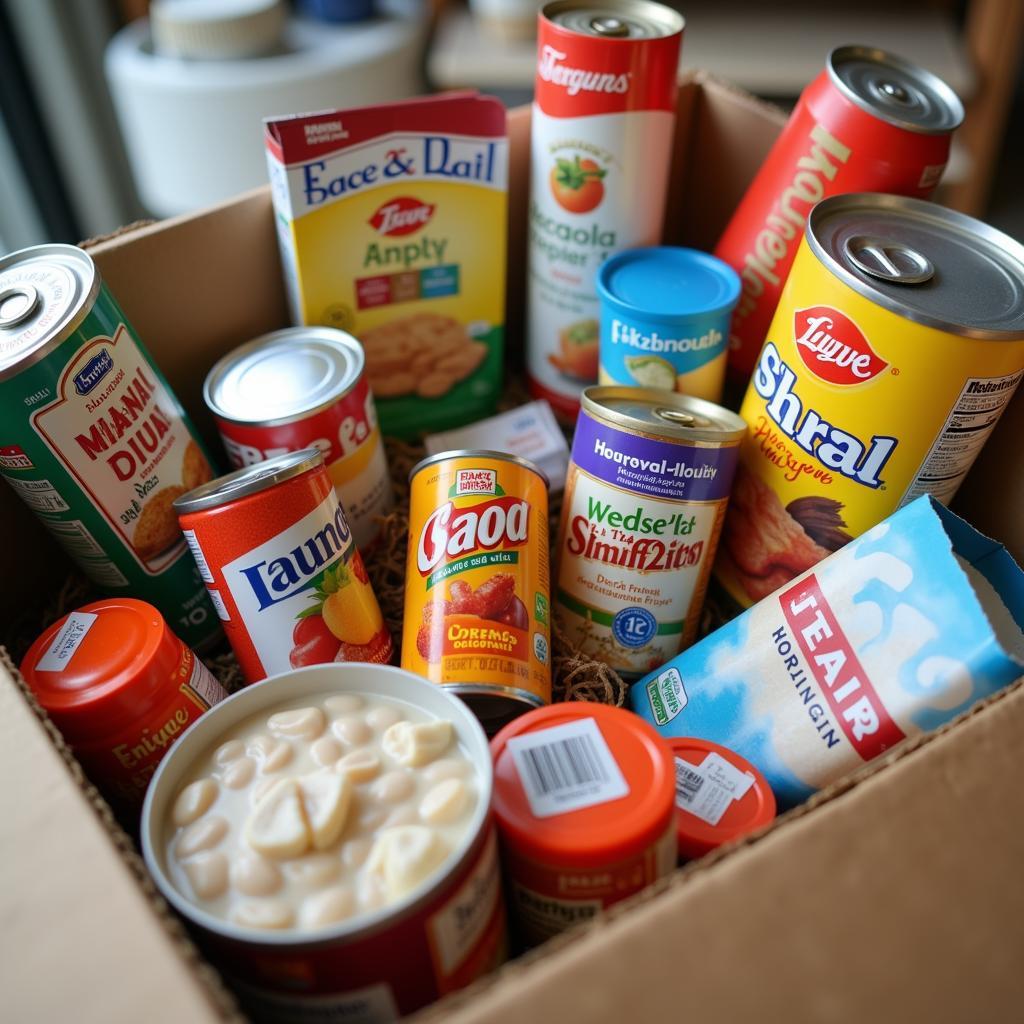 Donation box at the Meadville food pantry with various food items