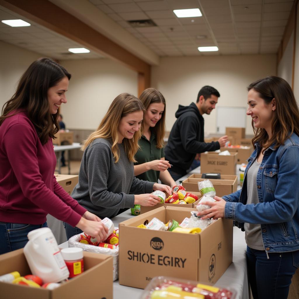 Volunteers organizing and packing food donations at Meadville food pantry