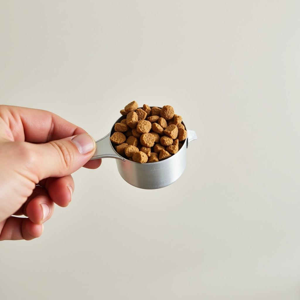 A measuring cup filled with dog food next to a food scoop.