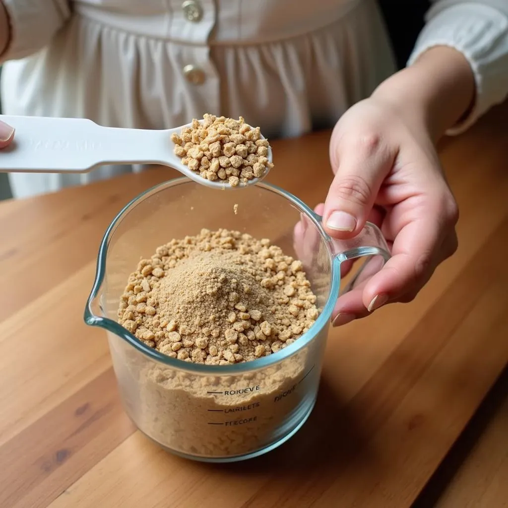 A person carefully measures out dry cat food using a measuring cup