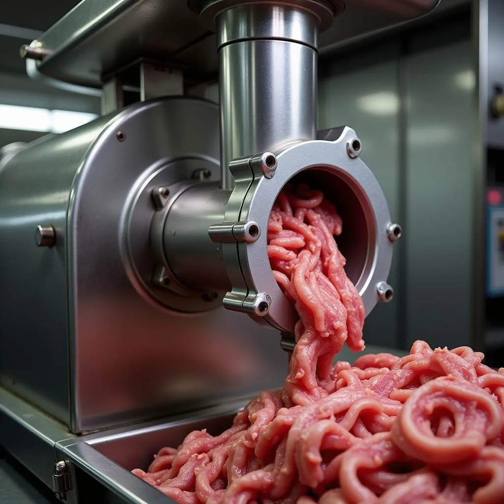 Industrial meat grinder in operation