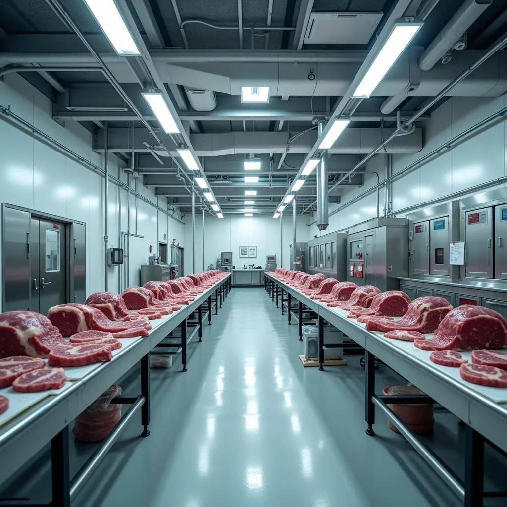 Modern meat processing facility with conveyor belt system