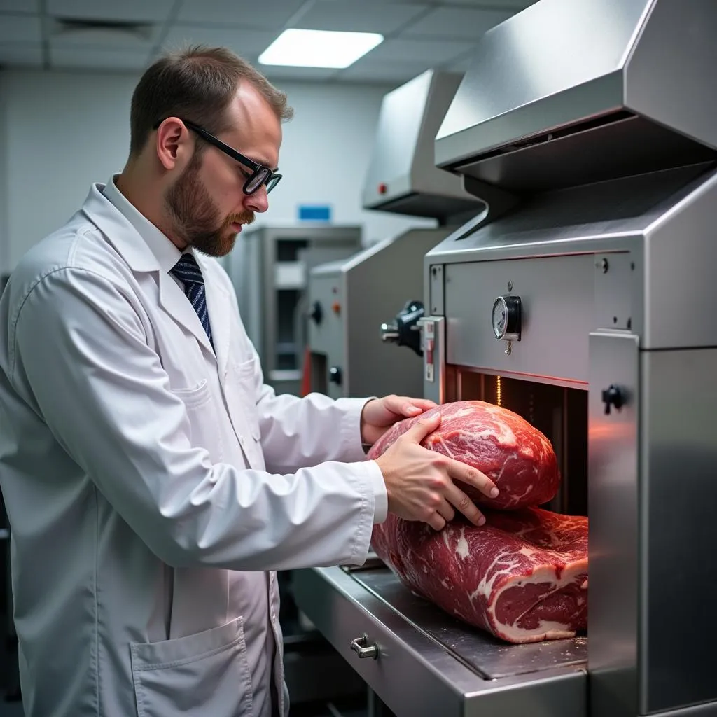 Technician inspecting meat processing equipment