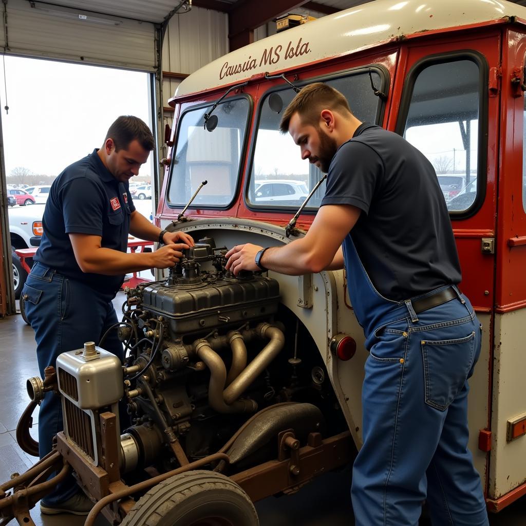 Mechanics Restoring a Vintage Food Truck Engine 