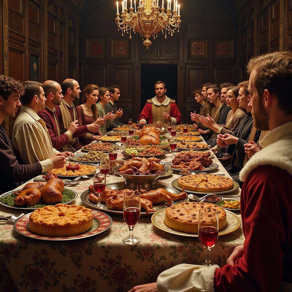 Medieval Royal Feast with Roasted Meats and Spiced Wine